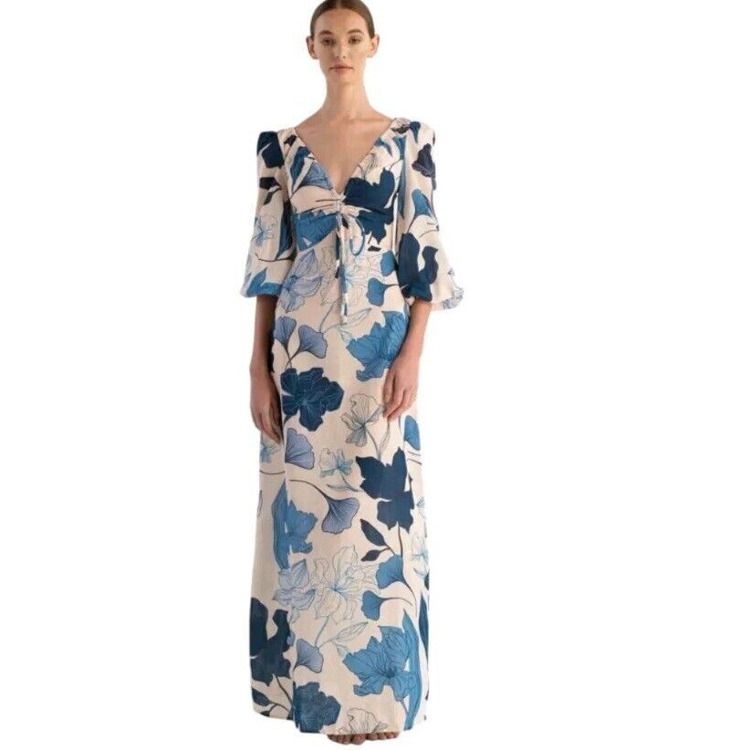 Encantadore Simone Pangui Linen Floral Maxi Dress Womens S V-Neck Coastal Resort